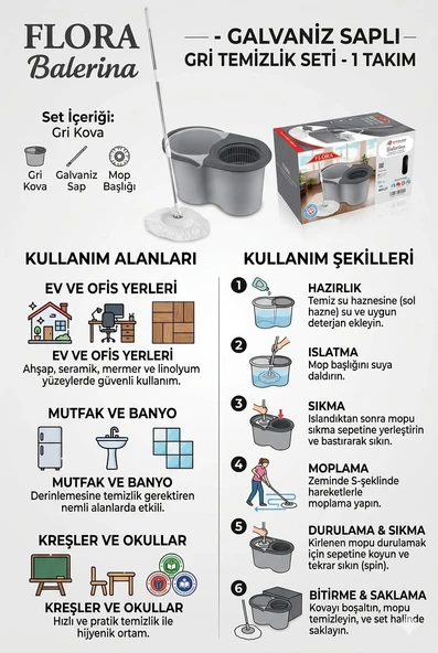 Flora Balerina Galvaniz Saplı Gri Temizlik Seti 1 Takım ürün görseli 1