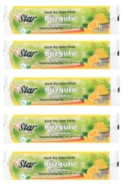 Büzgülü Çöp Torbası / Poşeti - Büyük Boy 65x70 - Limon Kokulu - 5 Rulo = 50' Li ürün görseli 1