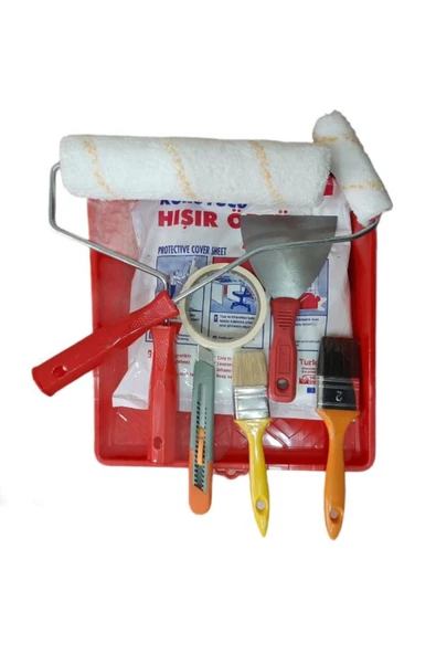 9 parça boyacı seti (25cm rulo,parmak rulo,spatula,1 no fırça, 3no fırça,maket bıçağı,maskeleme bant ürün görseli 1