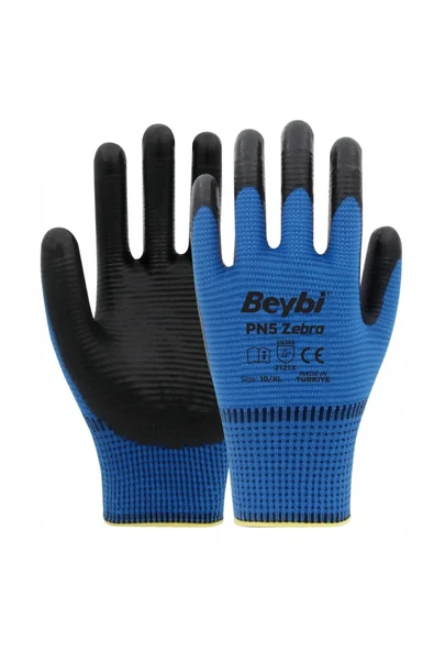PN5 Zebra Polyester Örme Nitril Eldiven Mavi - 5 Çift ürün görseli 1