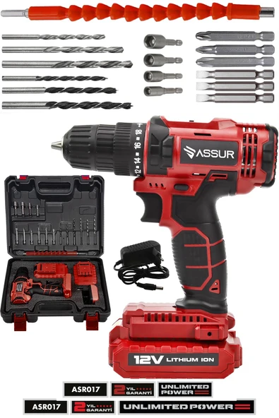 Assur 12V Metal Şanzıman Çift Akülü Bakır Sargı Akülü Vidalama Şarjlı Matkap ürün görseli 1