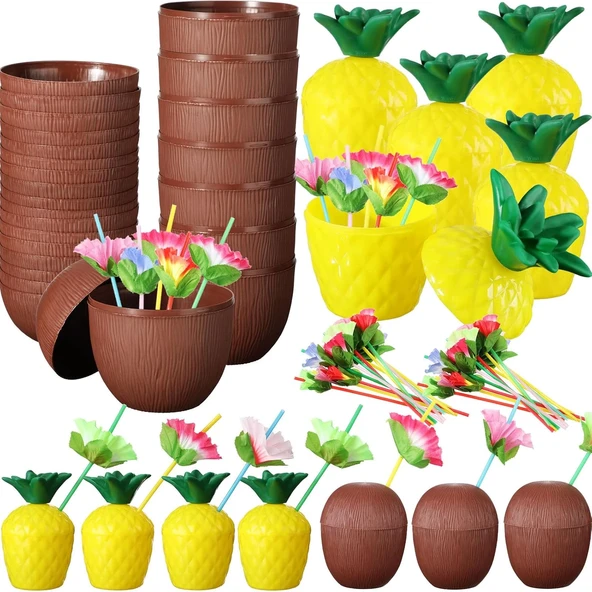 Ananas  Hindistan Cevizi Tasarımlı Pipetli Bardak Seti (6 Adet) mirSM0010K-SMR-E026-E025 ürün görseli 1
