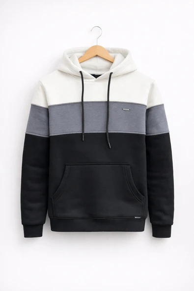 Erkek Slim Fit Renk Bloklu Kapüşonlu Sweatshirt Beyaz Edw438 ürün görseli 1