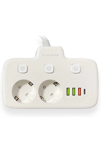 Akım Korumalı 2’li Ayrı Anahtarlı Priz, 2x Priz, 3x Usb, 1x Type-c, 2 Mt Kablo, Hızlı Şarj mirEM0015K-Priz 6 ürün görseli 1