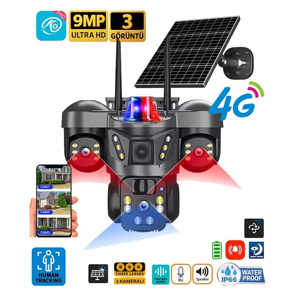 O-Kam 8050 9Mp Lens 3 Kamera Ultrahd 4G Solar Akıllı Güvenlik Kamerası ürün görseli 1