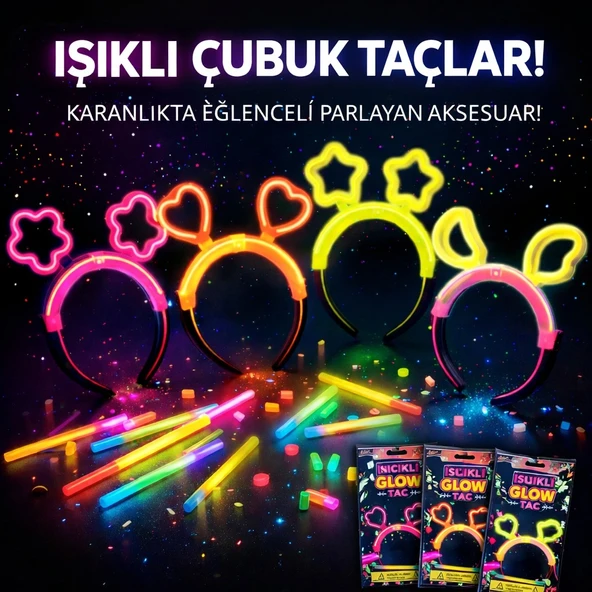 Karanlıkta Parlayan Glow Taç Seti 12 Adet – Yıldız Kalp Ay Çiçek (her Model 3 Adet) mirSM0010K-F024-12 ürün görseli 1