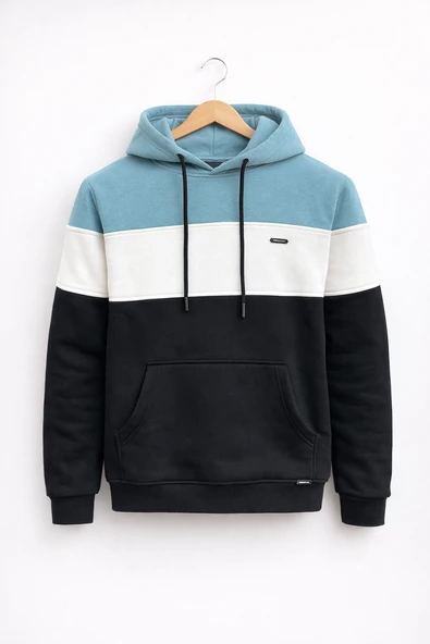 Erkek Slim Fit Renk Bloklu Kapüşonlu Sweatshirt Açık Mavi Edw438 ürün görseli 1