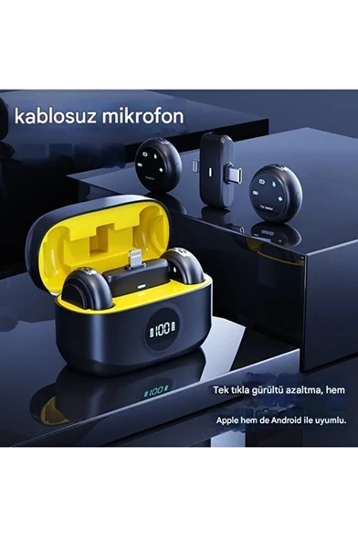 Kablosuz Profesyonel İkili Yayın Yaka Mikrofonu Şarj Kutu Mıknatıslı Typce Lightning Çıkış Mikrofon mirEM0015K-c08 ürün görseli 1