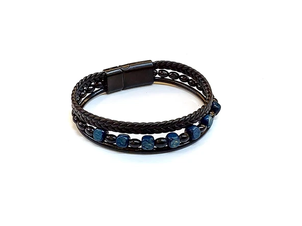 Blue Stone Chain – Lacivert Doğaltaş Detaylı Çok Katmanlı Siyah Deri Erkek Bileklik-1437 ürün görseli 1