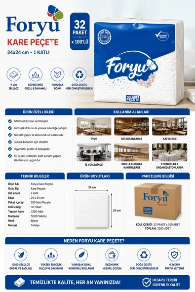 Foryu Kare Peçete 24x24 cm 32 paket x 100'lü ürün görseli 1