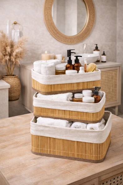 Üçlü Bambu Sepet Organizer Ev Düzenleyici Çok Amaçlı Mutfak Banyo Sepeti ürün görseli 1