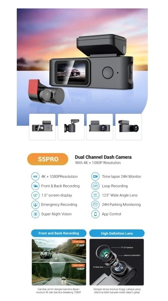 Dahua DAE-HC5710WV-S5PRO S5Pro 4K Araç İçi Kamera Ön Kamera 4K Arka Kamera 1080P Çift Kameralı Araç Kamerası Wi-Fi G-Sensör ürün görseli 1