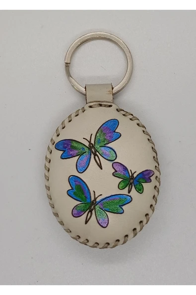 Durush Collection Gerçek Deri, El Dikişi, El Boyama Kelebek Desen Anahtarlık ürün görseli 1