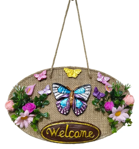 El Yapımı Jüt Kumaşlı Kelebek ve Çiçek Detaylı "Welcome" Kapı Süsü - Askılı Welcome Panosu ürün görseli 1