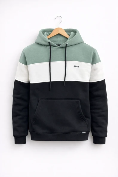 Erkek Slim Fit Renk Bloklu Kapüşonlu Sweatshirt Açık Yeşil Edw438 ürün görseli 1