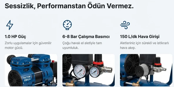 Factor Hava Komprasörü 24 LT Sessiz EWS24 - Resim 5