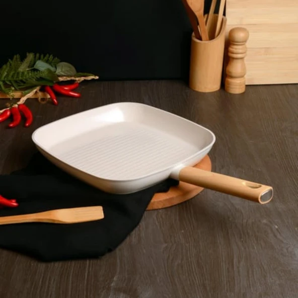 BELARIVA 28 CM BEYAZ AHSAP SAPLI IZGARA TAVA ürün görseli 1