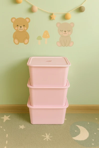 decosense 3 Adet Pembe Kapaklı Derin Oyuncak ve Eşya Saklama Kutusu Polipropilen Plastik 3'lü Sepet Seti ürün görseli 1