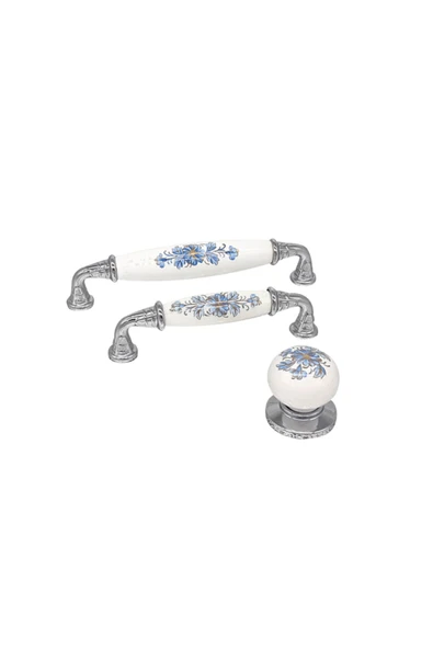 Porselen Kulp Mavi Çiçekli Krom 128mm Mutfak Dolap Banyo Çekmece ürün görseli 1
