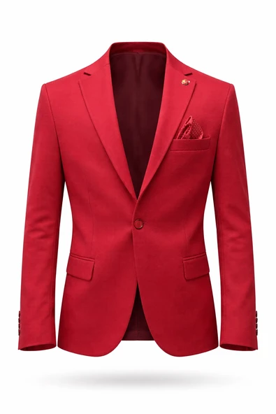 Erkek Kırmızı Armürlü Kumaş Blazer Ceket – Tek Düğmeli, Mono Yaka, Çift Yırtmaçlı Slim Fit ürün görseli 1