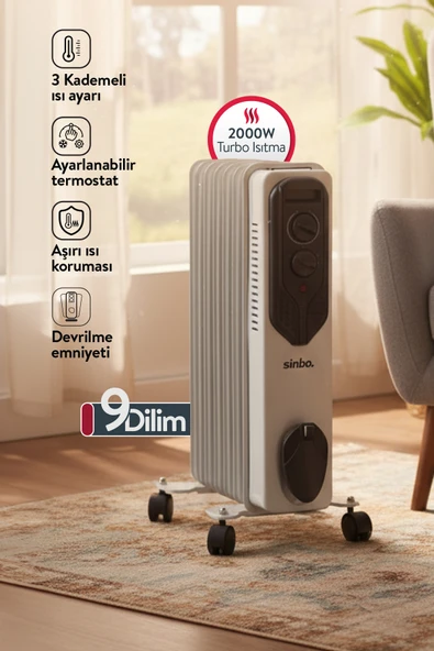 Sinbo SFH-6937 2000W Yağlı Radyatör – 9 Dilim, Termostatlı, 3 Kademeli Isıtıcı ürün görseli 1