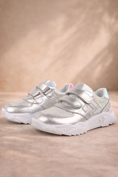 Rakerplus Hakiki Deri Gümüş Renl Cırtlı Kız Çocuk Sneaker Ayakkabı ürün görseli 1