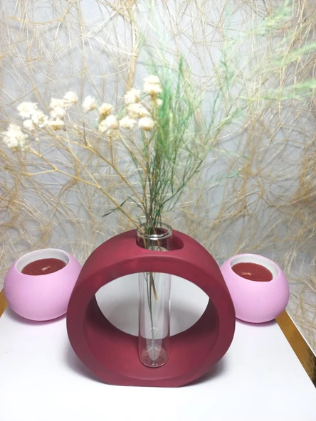 Yuvarlak Formlu Cam Tüplü Dekoratif Vazo, İkili Mumluk Set Bordo-Pembe ürün görseli 1