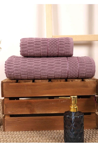 2 Parça Banyo Havlu Takımı %100 Pamuklu Çubuk Desen Mor ürün görseli 1