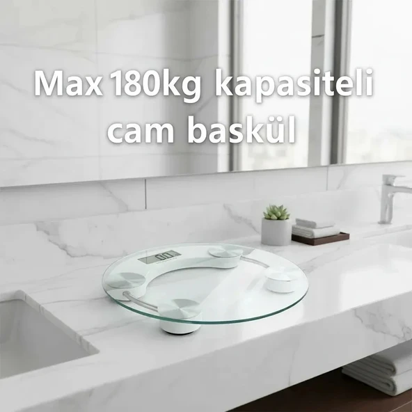 Yuvarlak Şeffaf Dijital Cam Baskül Tartı – 180 Kg Taşıma Kapasitesi, Hassas Ölçüm, Şık Tasarım Terazi ürün görseli 1