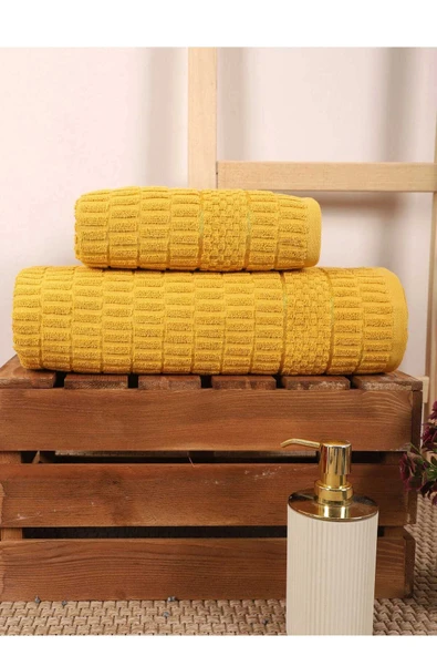 2 Parça Banyo Havlu Takımı %100 Pamuklu Çubuk Desen Sarı ürün görseli 1