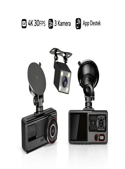 Araç İçi Kamera 4K 30FPS DVR 3 Kameralı LCD Ekranlı Gece Görüşlü Araba Kamerası ürün görseli 1