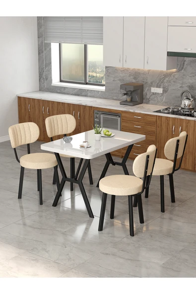 Mygusi Azra 70x110cm Beyaz Mutfak Masası, Mutfak Masası Takımı, Yemek Masası, 4 Krem Sandalye ürün görseli 1