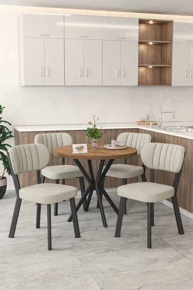 Mygusi Gnr 90cm Sabit Atlantik Mutfak Masası Takımı, Yemek Masası, 4 Modern Krem Sandalye ürün görseli 1