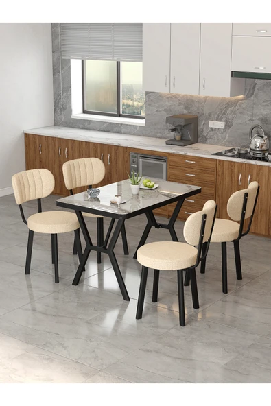 Mygusi Azra 70x110cm Efes Mutfak Masası, Mutfak Masası Takımı, Yemek Masası, 4 Krem Sandalye ürün görseli 1
