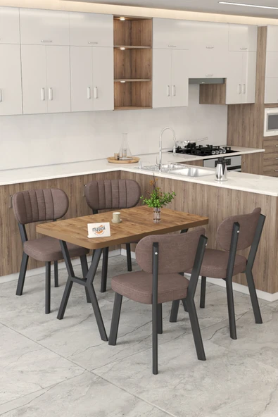 Mygusi Gnr 70x110cm Sabit Atlantik Mutfak Masası Takımı, Yemek Masası, 4 Modern Kahverengi Sandalye ürün görseli 1