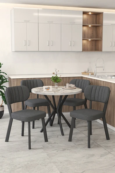 Mygusi Gnr 90cm Sabit Efes Mutfak Masası Takımı, Yemek Masası, 4 Modern Antrasit Sandalye ürün görseli 1