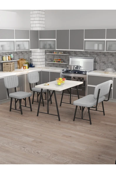 Mygusi Hayat 70x110 Beyaz Mutfak Masası, Mutfak Masası Takımı, Yemek Masası, 2 Sandalye 1 Bench - Açık Gri ürün görseli 1