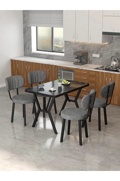 Mygusi Azra 70x110cm Bendir Mutfak Masası, Mutfak Masası Takımı, Yemek Masası, 4 Koyu Gri Sandalye ürün görseli 1