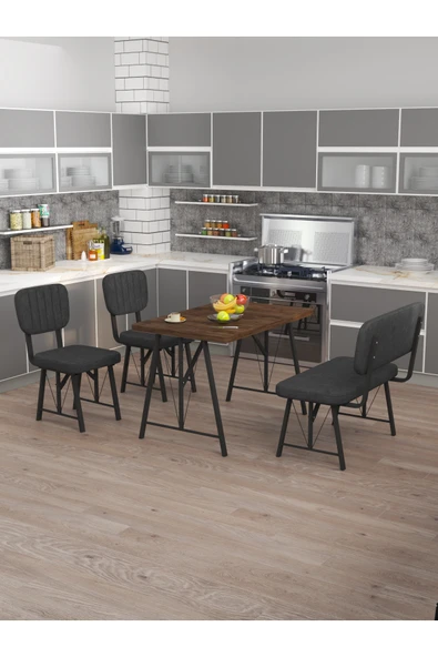 Mygusi Hayat 70x110 Amalfi Mutfak Masası, Mutfak Masası Takımı, Yemek Masası, 2 Sandalye 1 Bench - Antrasit ürün görseli 1