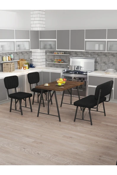 Mygusi Hayat 70x110 Amalfi Mutfak Masası, Mutfak Masası Takımı, Yemek Masası, 2 Sandalye 1 Bench - Siyah ürün görseli 1