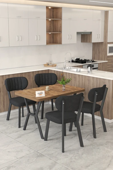 Mygusi Gnr 70x110cm Sabit Atlantik Mutfak Masası Takımı, Yemek Masası, 4 Modern Siyah Sandalye ürün görseli 1