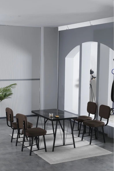 Mygusi Hayat 70x110cm Sabit Bendir Mutfak Masası, Mutfak Masası Takımı, Yemek Masası, 4 Kahverengi Sandalye ürün görseli 1