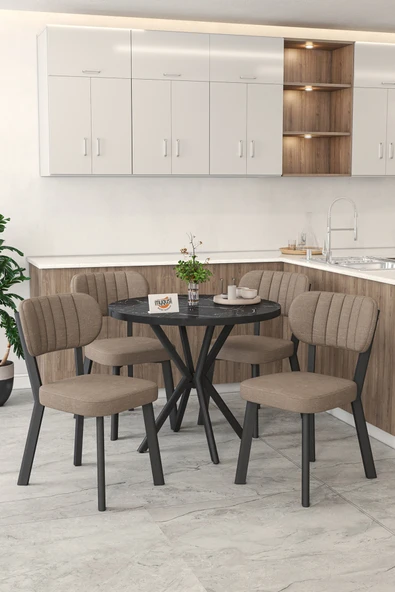Mygusi Gnr 90cm Sabit Siyah Mutfak Masası Takımı, Yemek Masası, 4 Modern Cappucino Sandalye ürün görseli 1