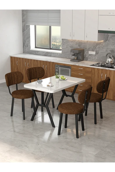 Mygusi Azra 70x110cm Beyaz Mutfak Masası, Mutfak Masası Takımı, Yemek Masası, 4 Kahverengi Sandalye ürün görseli 1