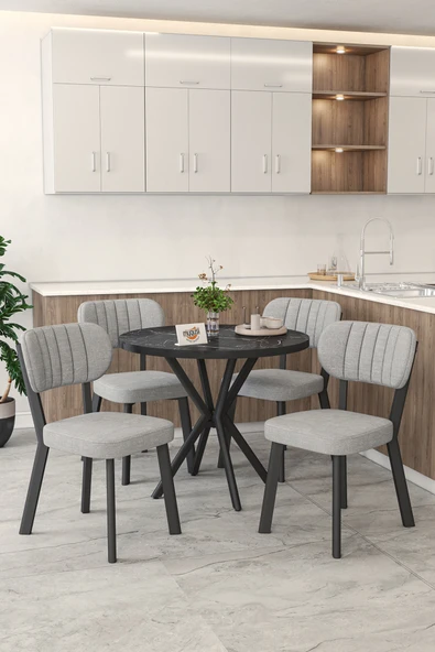 Mygusi Gnr 90cm Sabit Siyah Mutfak Masası Takımı, Yemek Masası, 4 Modern Gri Sandalye ürün görseli 1