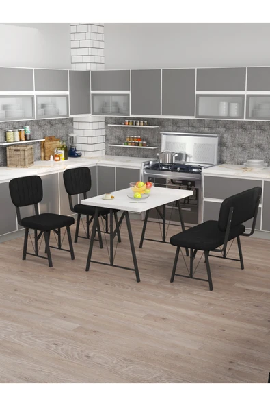 Mygusi Hayat 70x110 Beyaz Mutfak Masası, Mutfak Masası Takımı, Yemek Masası, 2 Sandalye 1 Bench - Siyah ürün görseli 1