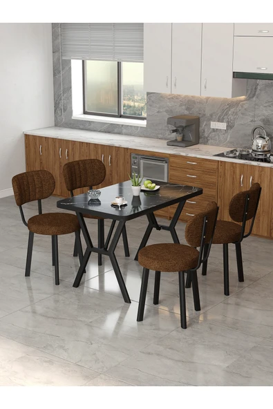 Mygusi Azra 70x110cm Bendir Mutfak Masası, Mutfak Masası Takımı, Yemek Masası, 4 Kahverengi Sandalye ürün görseli 1