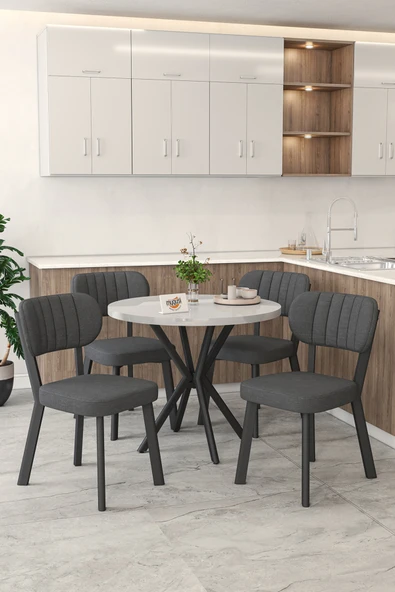 Mygusi Gnr 90cm Sabit Beyaz Mutfak Masası Takımı, Yemek Masası, 4 Modern Antrasit Sandalye ürün görseli 1