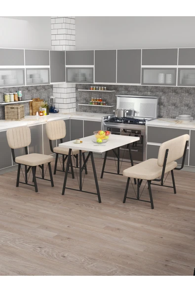 Mygusi Hayat 70x110 Beyaz Mutfak Masası, Mutfak Masası Takımı, Yemek Masası, 2 Sandalye 1 Bench - Krem ürün görseli 1