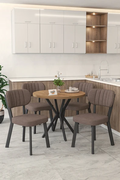 Mygusi Gnr 90cm Sabit Atlantik Mutfak Masası Takımı, Yemek Masası, 4 Modern Kahverengi Sandalye ürün görseli 1
